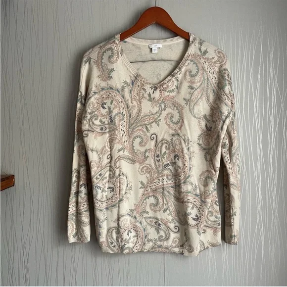J. Jill Tan Floral Paisley Pullover V Neck Sweater Long Sleeve Size XS - Picture 2 of 6